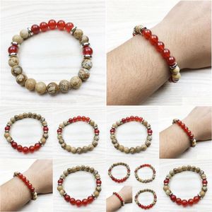 Perlé Sn1007 Nouvelle conception Yoga Bracelet Hommes Énergie Guérison Bijoux Poignet Mala Cornaline Image Jasper Courage En Gros D Dhgarden Dhcnd