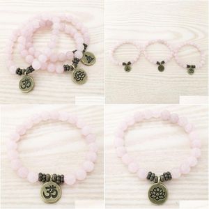 Perlé Sn1107 Véritable bracelet de quartz rose en laiton antique Om Bouddha Lotus Charme Meilleur cadeau pour ses bracelets de bijoux de livraison directe Dhmhk