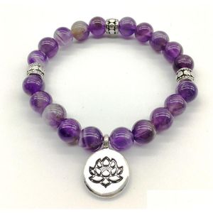 Perlé Sn1195 Namaste Lotus Yoga Bijoux Mala Bracelet Relief Méditation A-méthyste Unique Cadeau D'anniversaire Livraison Directe Bracele Dhgarden Dhmho