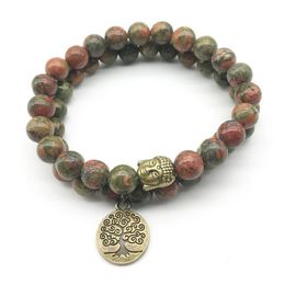 Perlé Sn1275 Arbre de Vie Bouddha Bronze Charm Bracelet Ensemble Vintage Design Unakite Haute Qualité Pierre Naturelle Bijoux Drop D Dhgarden Dh9Q1