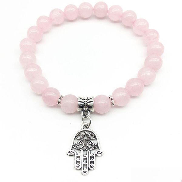 Perlé Sn1320 Mode Femmes Bracelet Hamsa Charme Yoga À La Main Rose Quartz Bijoux De Mariage En Gros Drop Livraison Bijoux Bracelets Dh5On