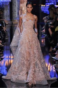Kralen vierkante halslijn Afrikaanse jurken Elie Saab Sheer Kant Applicaties Prom-jurken Roze formele jurkavond