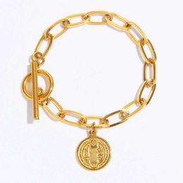 Bracelets de médaille de San Benito en acier inoxydable perlé pour les femmes Bracelet à bascule Saint Saint Saint Saint-Gol