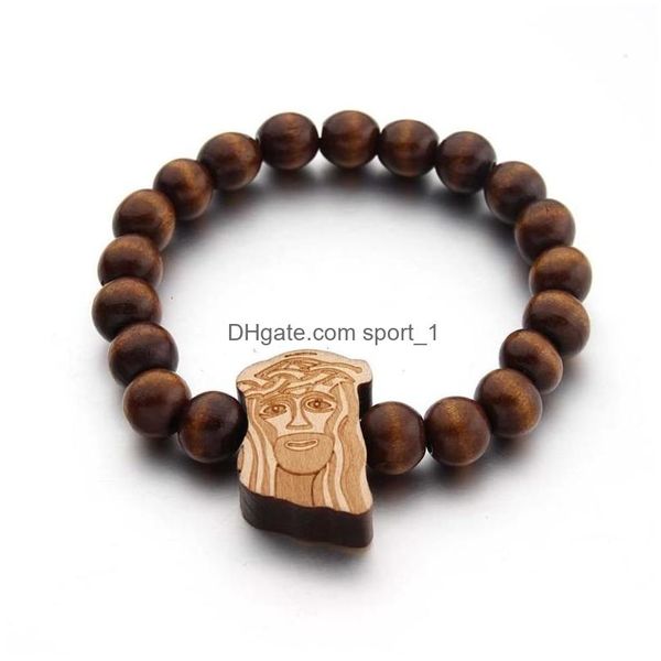 Perlé Strand 10Mm Cool Élastique Rond Perle En Bois Gravé Bricolage Chaîne Ethnique Carte Africaine Oiseau Panda Jésus Bracelet Bijoux Hiphop Cadeau Dhszf