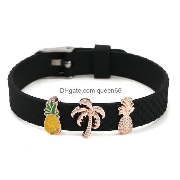 Perlé Strand 10Mm Fruits Série Sier Plaqué Ananas Perles Maille Bracelets Avec Sile Chaîne Charme Bracelet Pour Femmes Bijoux Cadeau Drop D Dhgx2