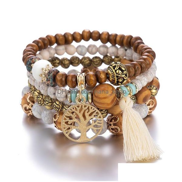 Perlé Brin 4 Pcs Bohême Arbre De Vie Charme Bracelet Ensemble Pour Les Femmes À La Main En Bois Perles Chaîne Bracelet Femme Boho Bijoux Drop Deliv Dhuy1