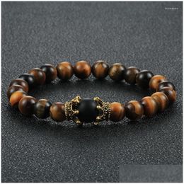 Kralen streng 8 mm tijger eye stone zwart onyx armband voor mannen mode goud kleur king kroon natuurlijke lava rock kralen armbanden juwelen dhnmw