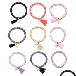 Perlé Strand Boho Mticolor Arc-en-ciel 6Mm Paillettes Vinyle Perles Heishi Cauris Seashell Stretch Bracelet Femmes Gland Main Charme Surf Jewe Dhvtc