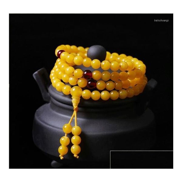 Bracelet Beex jaune au beurre de poulet à brins perlés 108 vieilles perles de prière Ambe R collier chaîne de pull certificat assorti Drop Deliver Otpte