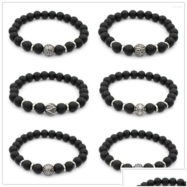 Beaded Strand Fashion Bola de acero inoxidable Bead Charms 8Mm Black Stone Stretch Bracelet para hombres mujeres Drop Delivery Jewelry Bracelets Dhlzf