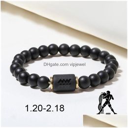 Perlé Strand Mode Zodiac Bracelets Pour Femmes Hommes Mat Noir Agate Perles Bracelets Couple Cadeaux Bijoux Drop Delivery Dhohd