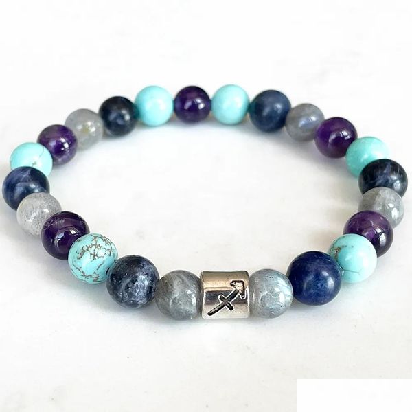 Pulsera con cuentas Mg1703 Sagitario Zodiaco Pulsera 8 mm Labradorita Hubei Turquesa Amatista Energía Muñeca Mala Gemston natural Dhgarden Dhv6C