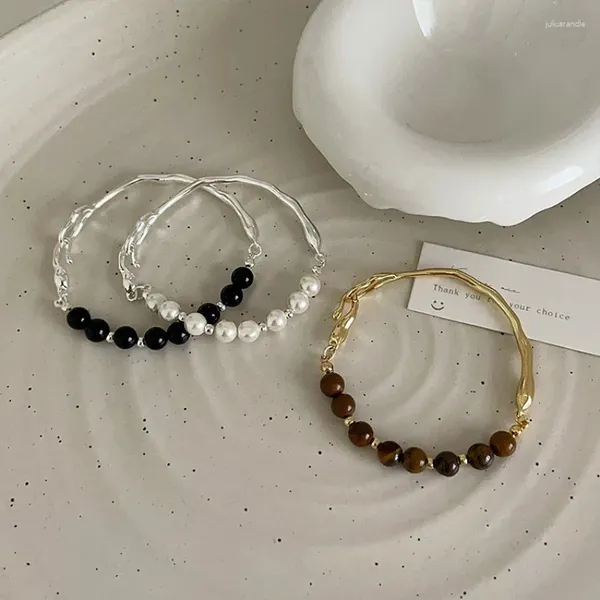 Pulseras de perlas de imitación de ojo de tigre de piedra Natural de Color café negro francés Minar con cuentas para mujer pulsera de Metal dorado y plateado