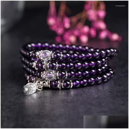 Perlé Strand Mticolor Tibétain Bouddhiste Violet Cristal 108 Pierres Naturelles Perles Bracelets Bracelets Mtilayer Bracelet Hommes Femmes Yoga D Dhovq