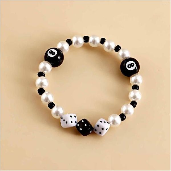 Beaded Strand Tauam Black Ball 8 Dice Mujeres Pulsera Billar Número Ocho Plastic Girl Jewelry Hip Hop Lady Rock Cuerda elástica Je Dhwwq