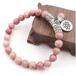 Stron perlé XSM 8 mm Naturel Rhodonite Berons Bracelet Lotus Flower Flower of Life Meditation Prayer Roard Bracelets en pierre Bangles Jewe Dhwfe