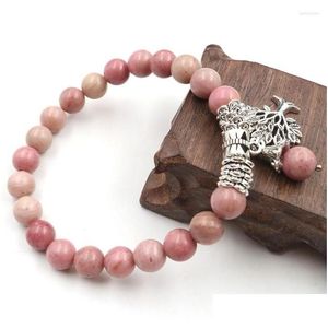 Stron perlé XSM 8 mm Naturel Rhodonite Berons Bracelet Lotus Flower Tree of Life Meditation Prayer Rosaire Bracelets en pierre Bangles Je dhknp