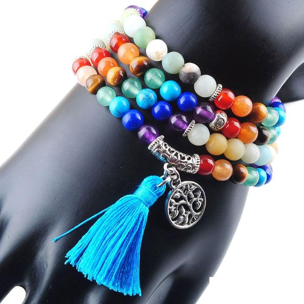 Hilos de cuentas 108 Meditación Mti-Shayer Long Strands Bracelets 7 Chakra Yoga Natural Round Amazon Mala Beads Tassel Jewel Bdejewelry Dhtfv