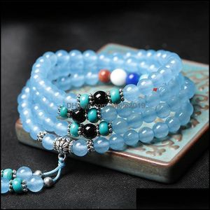 Hebras de cuentas 108 Cuentas de oración Pulsera Naturaleza Azul Rojo Rosa Amarillo Calcedonia Piedra Mtilayer Buda Mala Mujeres Hombres Joyería Drop De Otwdr