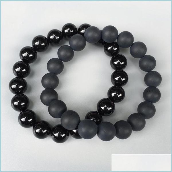 Brins de perles 10 mm Bracelet de perles d'onyx noir Bracelet élastique Bracelet de perles de pierres précieuses Livraison de goutte de pierre mate ou polie 2021 J Oterh
