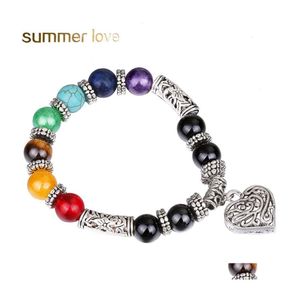 Brins de perles 10Mm coeur perles de charme bracelet pour femmes hommes à la main 7 chakra guérison Ncing Yoga bracelets rétro bijoux cadeaux Dro Dhnao