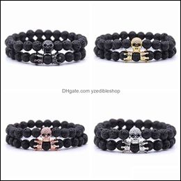 Kralen strengen 10 -st/set lava stenen skelet armband kralen voor mannen vrouwen met kubieke zirkoon dubbele kroon natuurlijke handmad dhseller2010 dhdtn