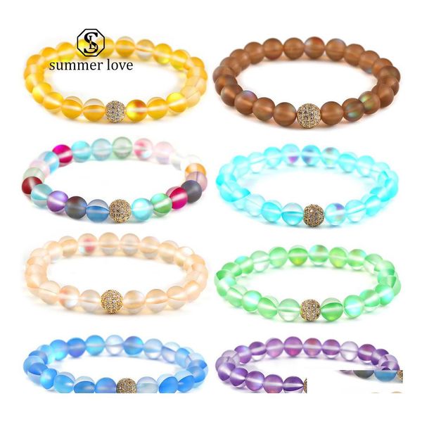 Hebras de cuentas 12 colores Moonstone Flash Stone Beaded Bracelet para Mujeres Hombres 8Mm Dl Polish Frosted Glass Beads Cz Micro Pave Ball C Dhhza