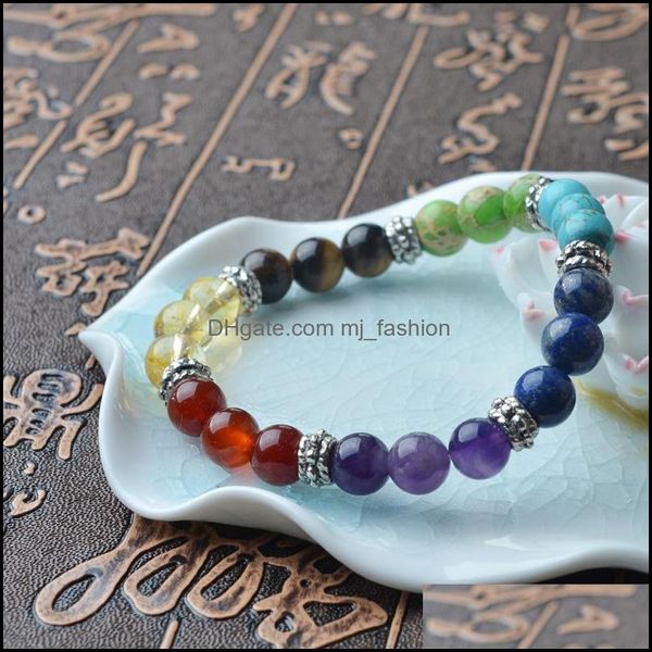 Beaded Strands 12 pièce/ensemble 8Mm 7Chakra Colorf perles de pierre naturelle Bracelet en cristal pour femmes Bracelets en corde tressée Reiki spirituel Yog Dhiro