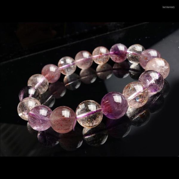 Brins de perles 13mm véritable coloré naturel cristal de Quartz rutilé perle ronde extensible Super sept mélodie pierre Bracelet perlé Lars22