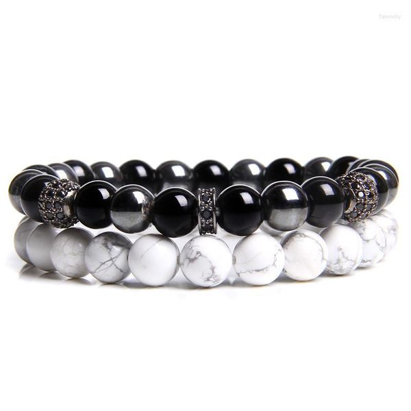 Perlenstränge 2 Ketten Armband CZ Kugel Charm Armreif Herren Set Natürlicher Howlith 8 mm Fengshui Schwarzer Onyx Agat Stretch Pulsera Damen Mala Fawn2