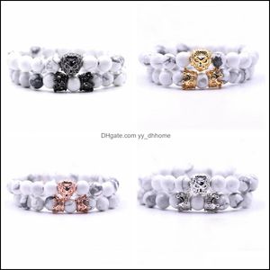 Beaded Strands 2 Unids / set Animal King Lion Head Howlita Turquesa Pulsera Negro Piedra Natural Corona Pareja Braclet Conjuntos Para Hombres Mano Dhpdi