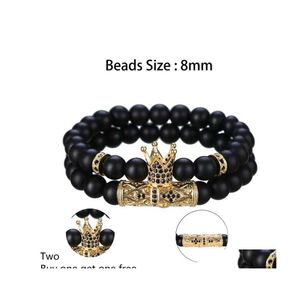 Kralen strengen 2 set armbanden mat zwart onyx 8mm kroon mannen en vrouwen tattoo persoonlijkheid vriendschap geschenk armband drop levering je dh6s3