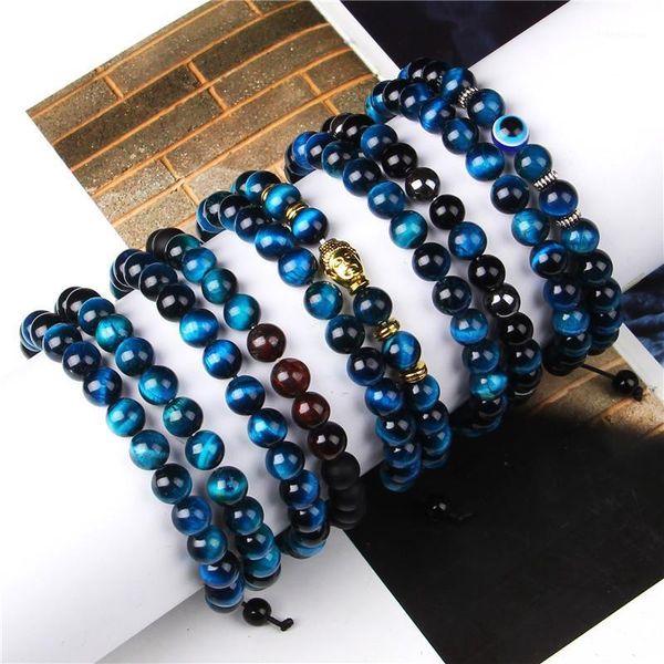 Con cuentas, hebras 2 unids de alta calidad azul ojo de tigre trenzado pulseras masculinas cuentas de piedra natural elasticidad cuerda hombres mujeres amor hecho a mano