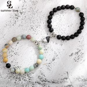 Con cuentas, hebras 2 unids cuentas de piedra natural conjunto de pulsera para mujeres hombres distancia atractiva corazón pulseras magnéticas amistad pareja joyería 2