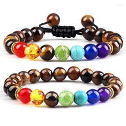 Beaded Strands 2pcs / set 7 Chakra Bead Bracelets Natural Tiger Eye Lava Stone Healing Reiki Pulsera para Mujeres Hombres Moda Hecha a mano Yoga Judío