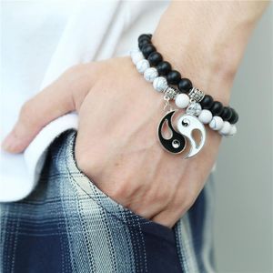 Hebras de cuentas 2 unids/set clásico Tai Chi Yin Yang pareja pulseras hombres turquesas piedra cuentas pulsera mujer amante pulseras con cuentas