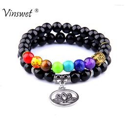 Kralen strengen 2 stks/set retro zwarte natuursteen armband mannen mode boeddha 7 chakra voor vrouwen streng sieraden erkek bileklik trum22