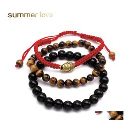 Hebras de cuentas 3 Unids / lote Pulseras de Cuentas Cuerda de Cuerda Roja Pulsera Trenzada Hombres Cuentas Buda Ojo de Tigre Negro Piedra Natural Al Por Mayor Otbjg