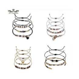 Brins de perles 3Pcs / Lot Bracelet de perles pour les femmes Mticolor Crystal Series Tandem Feuille Coeur Rond Pendentif Géométrique Tissé Corde De Cire Di Dhdap