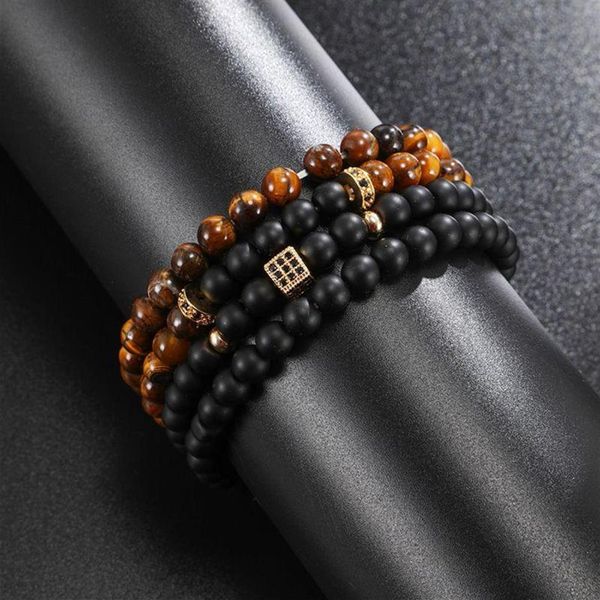 Beaded Strands 4 pièces ensemble perles de pierre noire Bracelet oeil de tigre perle Pulseira hommes bijoux accessoires hommes brassard bouddha Bracelets H208M