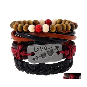 Beaded Strands 4Pcs / Set Bracelets en cuir rétro pour femmes et hommes Une flèche à travers un coeur Perles Mtilayer Set Charm Couple Bijoux Dhs7D