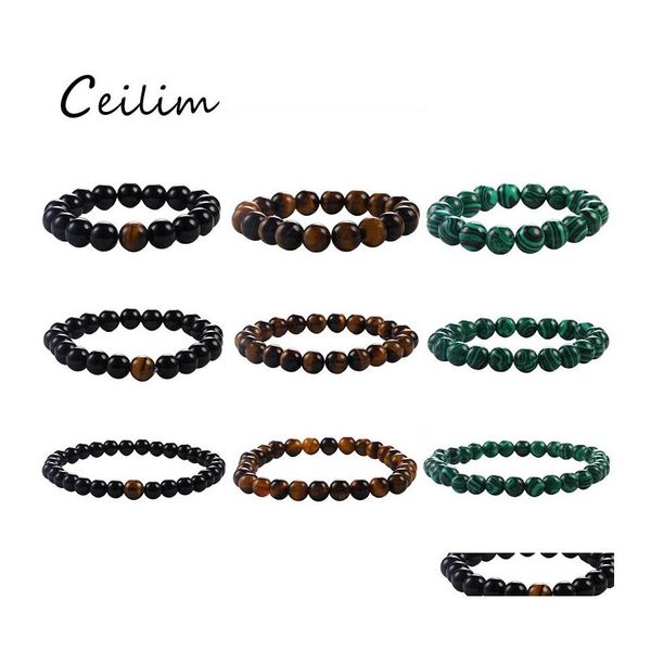 Hebras de cuentas 6 mm 8 mm 10 mm Est Diseño Ojo de tigre Malaquita Onyx Beads Pulsera Joyería de piedra natural Estiramiento Energía Yoga Regalo Romant Otaf6