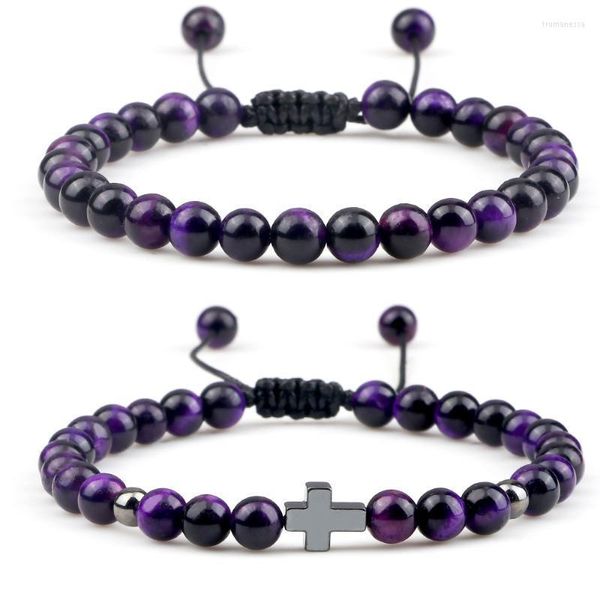 Brins de perles 6MM naturel violet œil de tigre perles Bracelet hématite croix Onyx prière bracelet bijoux Yoga énergie bouddha cadeau pour hommes femmes T