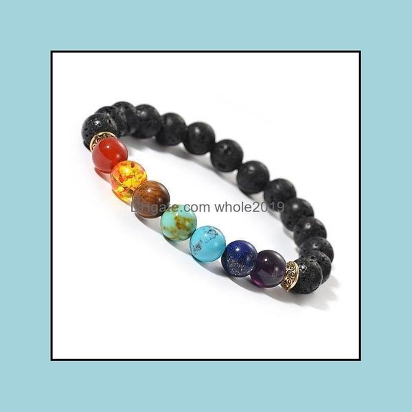 Hilos de cuentas 7 Chakra 8 mm Hilo de piedra Ojo de tigre Lapis Lazi Turquesa Negro Braclets de cuentas de lava Difusor de aceite esencial Dhseller2010 Dhmh5