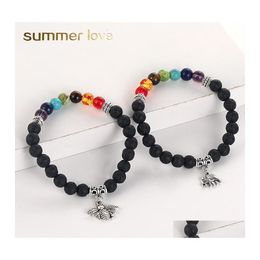 Hebras de cuentas 7 Chakra Cuentas de piedra de lava Pulsera Abeja Corazón Amor Amistad Elefante Ángel Girasol Deseo Encanto Aceite esencial Diffu Otdih