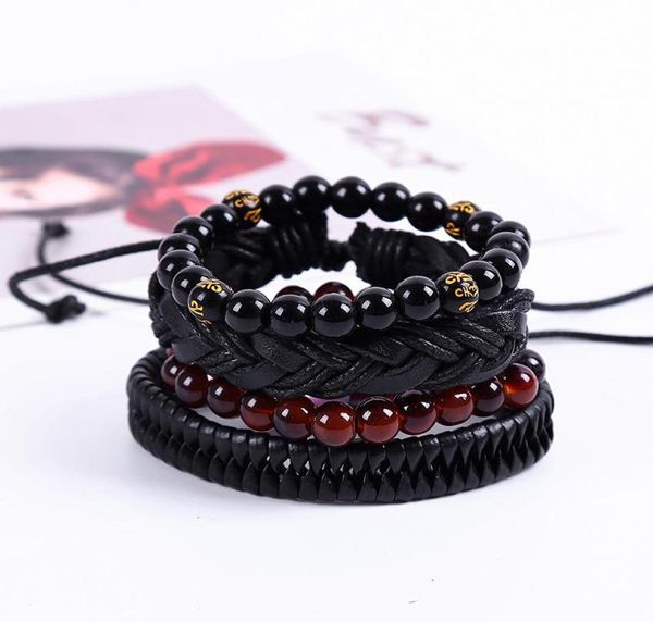 Beaded Strands 8mm perlé 4 pièces Bracelet pour hommes à la main tissé brin cuir Braclet multicouche réglable Antique Braslet Hombr6269686