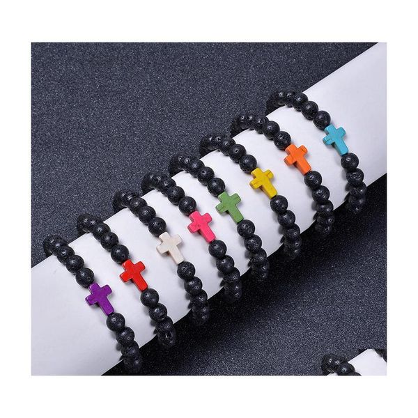 Brins de perles 8 mm perles de pierre de lave noire Colorf croix charmes élastique brin bracelet bracelet pour femmes hommes bijoux Jiaminstore Drop Dhr8G