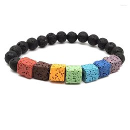 Brins de perles 8mm cubique sept Chakras Bracelet chromatique pierre de lave diffuseur d'huile essentielle perles noires bouddha Yoga brin femmes hommes bijoux