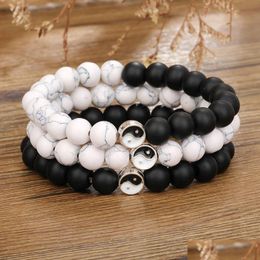 Brins De Perles 8Mm Mode Hommes Femmes Taiji Yin Yang Feng Shui Bracelet De Brins De Perles Turquoise Blanc Naturel Et Couple De Perles Noires Dh92H