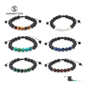 Brins Perlés 8Mm Pierre De Lave Oeil De Tigre Perle Charme Bracelet Pour Femmes Hommes Mode Naturel Volcanique Braide Réglable Yoga Énergie Dr Dhhqc